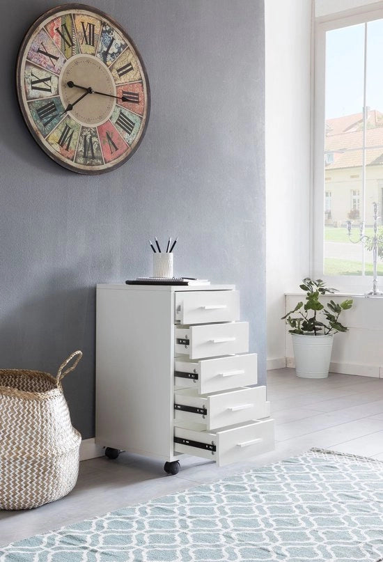 Contenitore a Ruote - Cassetto in Legno per Scrivania - Cassetto per Ufficio con 5 Cestelli - Piccolo Contenitore a Ruote con Base - Bianco - 33 x 63 x 38 cm