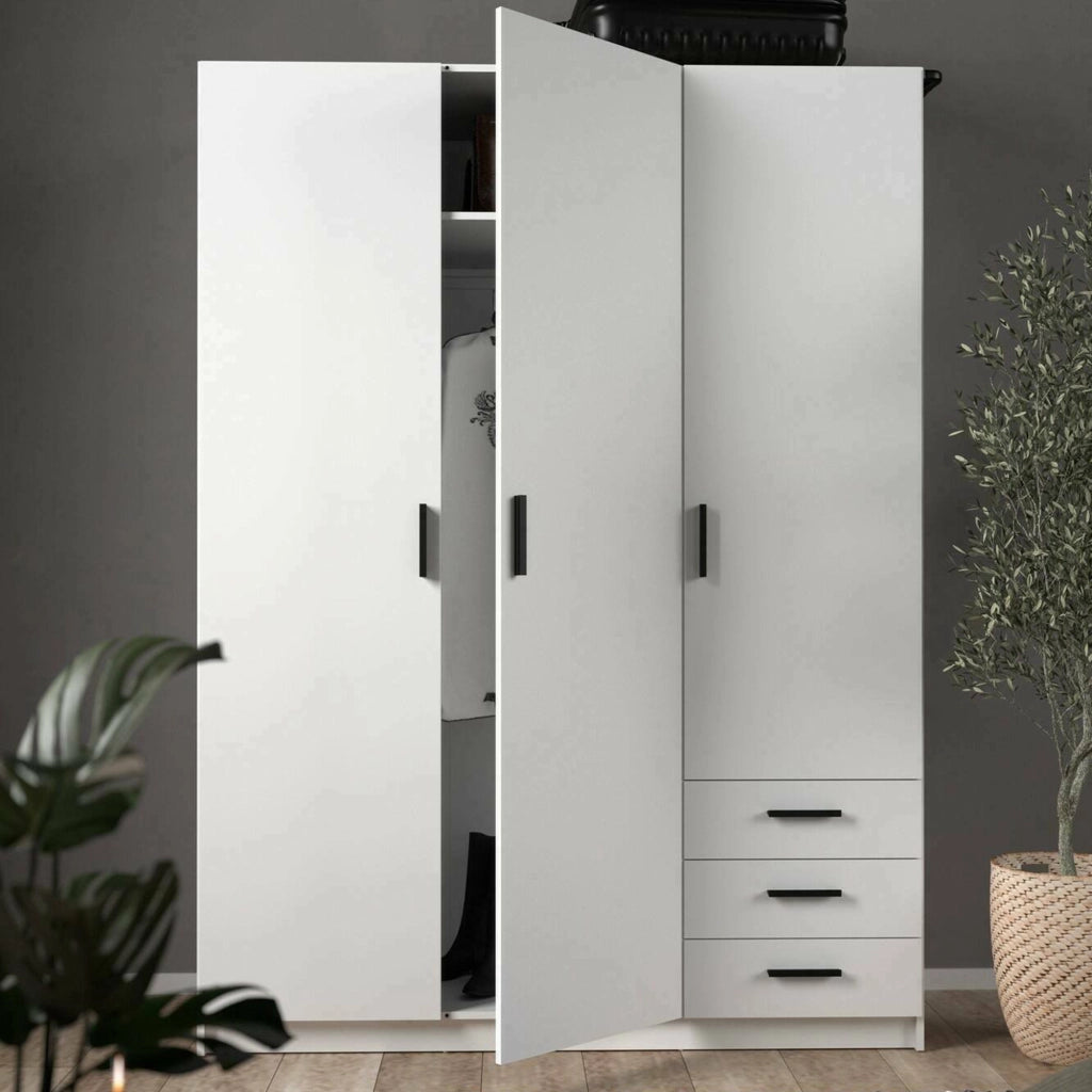 Guardaroba 3 ante Simeon, Mobile camera da letto, Cabina armadio portabiti, Armadio appendiabiti, 147x50 h200 cm, Bianco
