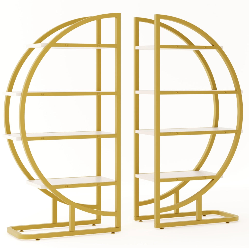 Libreria 120x30x130 cm modulare ad arco; 2 pezzi in MDF e acciaio oro e bianco