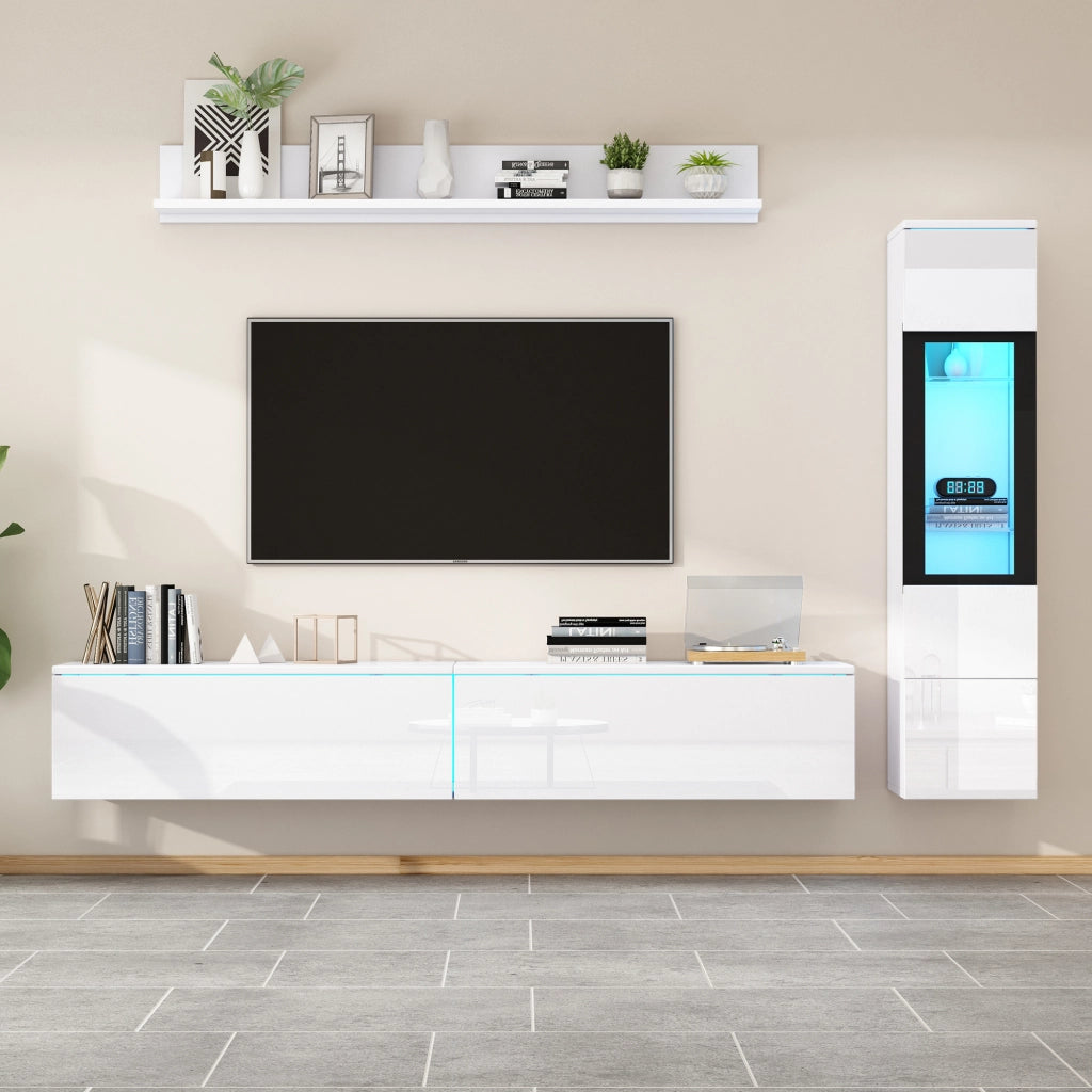 PARETE ATTREZZATA Set da 3 pezzi con LED 180 cm Bianco lucido
