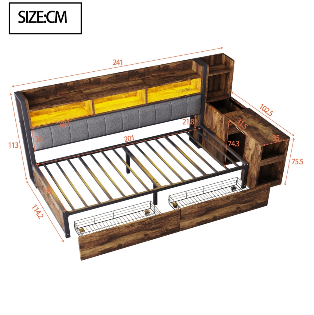 Letto singolo multifunzione 90x200 cm in metallo e legno; color legno naturale; con scrivania e vani contenitore
