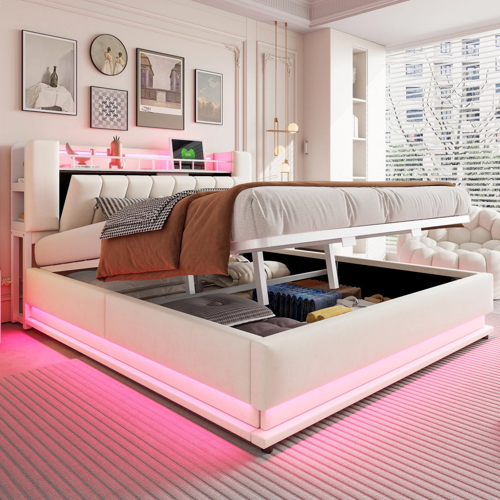 LETTO Imbottito 180x200 cm Beige con LED, USB e contenitore idraulico