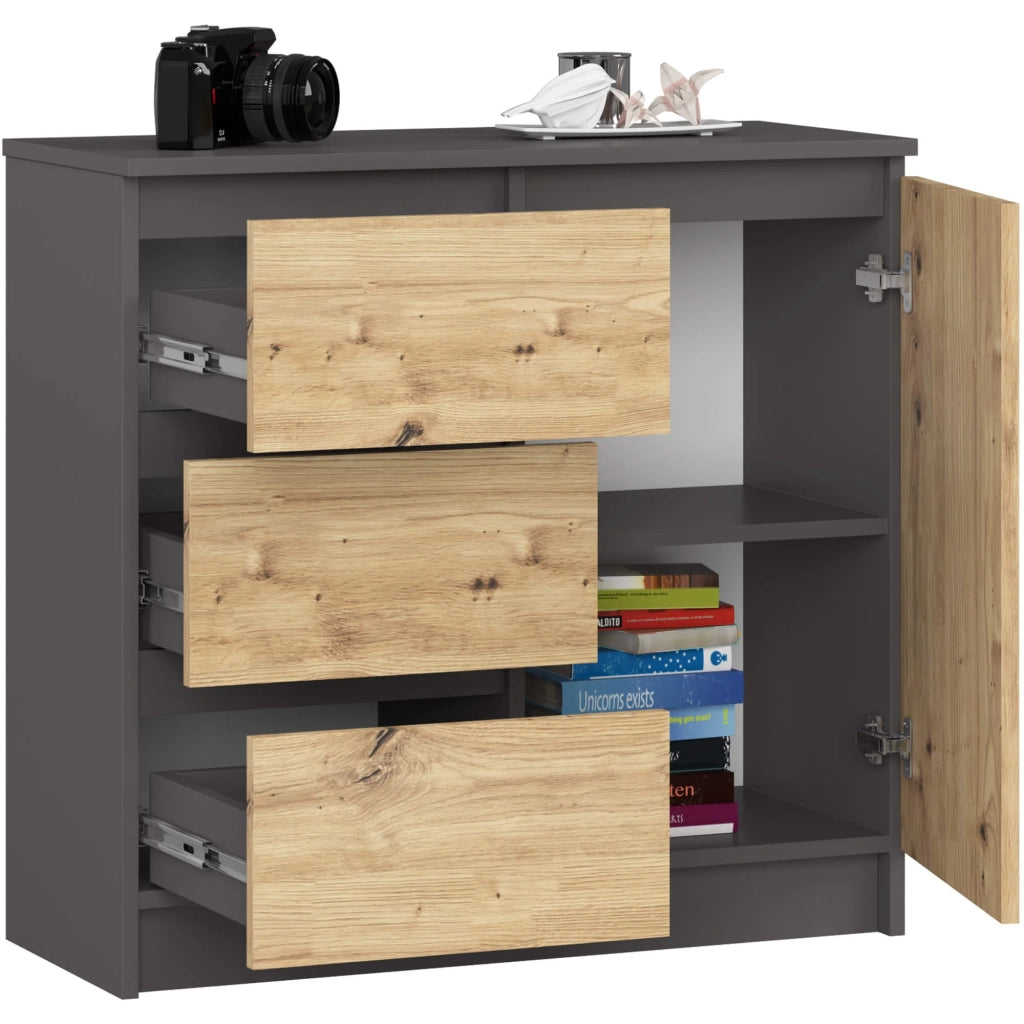 Cassettiera AKORD JERRY Cassettiera Grigia Grafite 80 cm 1 anta 3 cassetti inserto frontale Quercia Artisan 80x35x77 cm