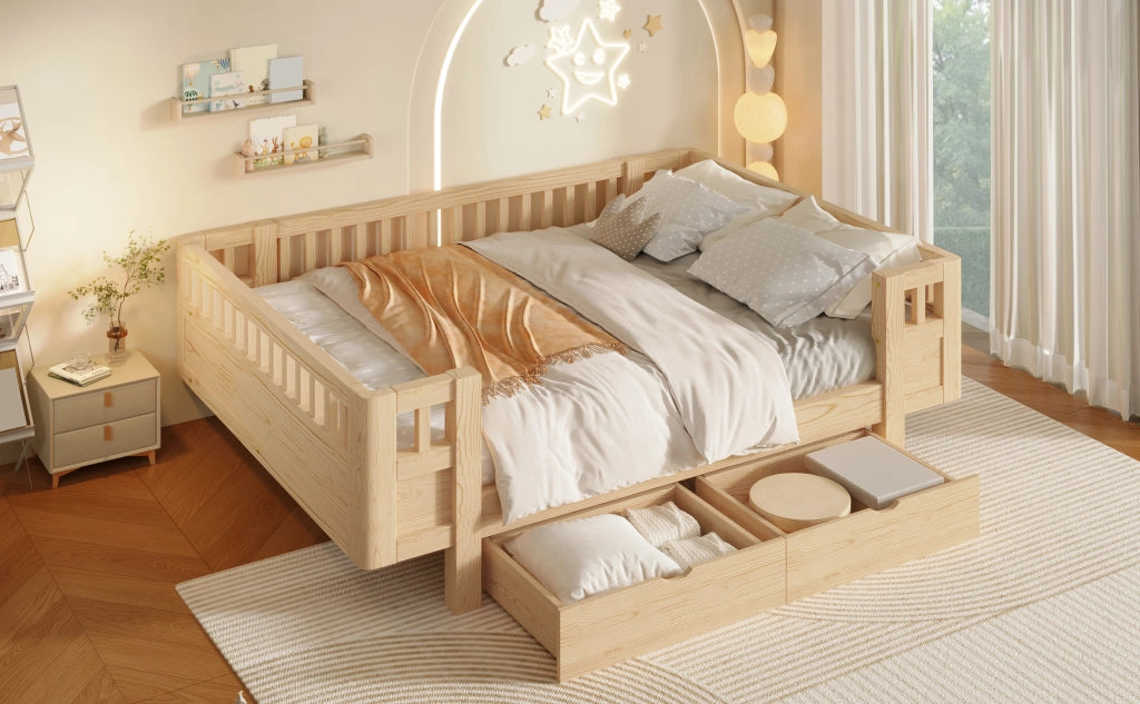 DESMIU Letto per bambini 140 × 200 cm con 2 cassetti, senza materasso, in legno massiccio e MDF, colore legno