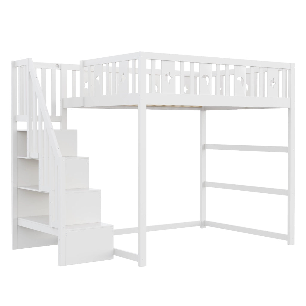 Letto a soppalco singolo 140×200 cm con scala; ripiani e barriera; senza materasso; legno massiccio; bianco