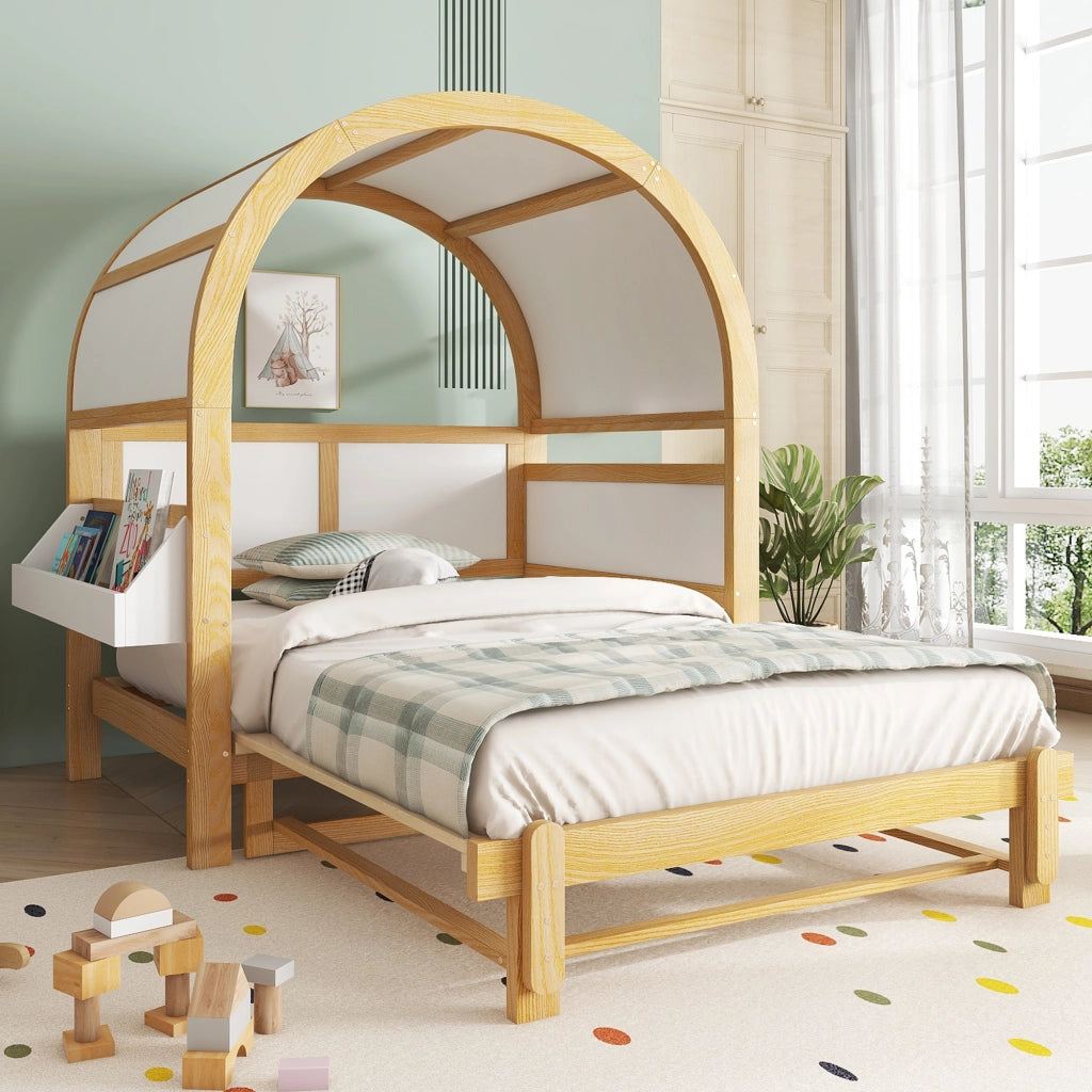 Letto a baldacchino estraibile legno massello e MDF bianco naturale 140x200 cm