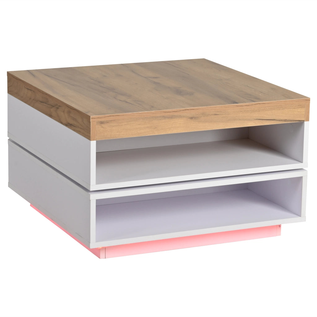 Tavolino quadrato 65¡Á65¡Á40 cm con piano girevole a 360¡ã, illuminazione LED e ripiani aperti, Bianco + effetto legno