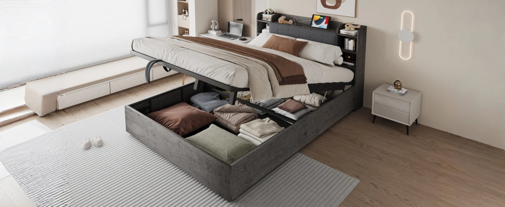 Letto contenitore 180 × 200 cm con sollevamento idraulico, USB e Type-C, ripiani, senza materasso, grigio
