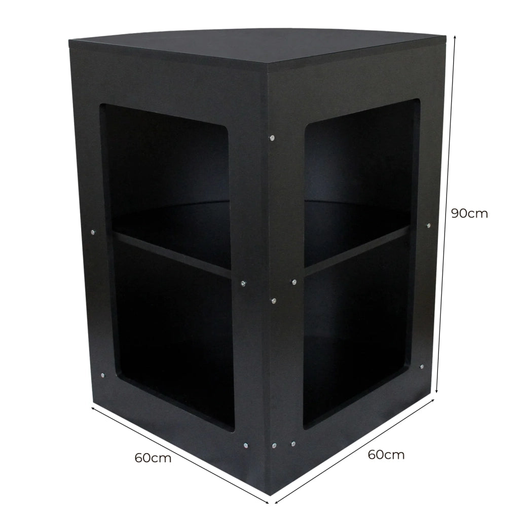 Bancone angolare curvo CM60 in MDF nero con ripiani interni per negozio
