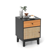 Comodino in rattan 40 x 39 x 55 cm con pratico cassetto e spazioso mobiletto stile bohémien chic in legno nero e marrone 20_0013950