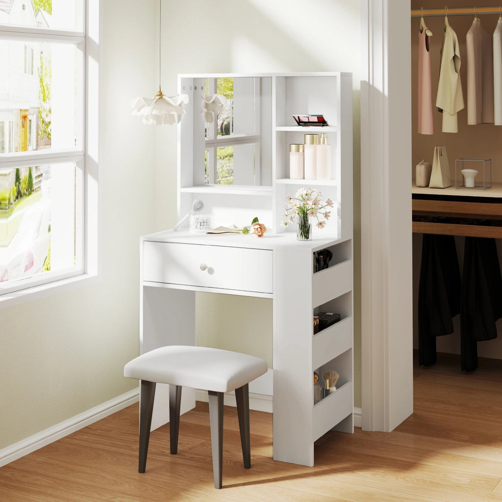 Scrivania trucco con specchio, cassetto e ripiani laterali ¨C zephmum ¨C bianco