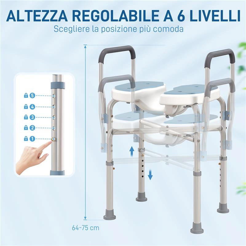 SGABELLO DA DOCCIA CON SEDUTA SCANALATA E BRACCIOLI ALTEZZA REGOLABILE E PIEDINI ANTISCIVOLO AZZURRO