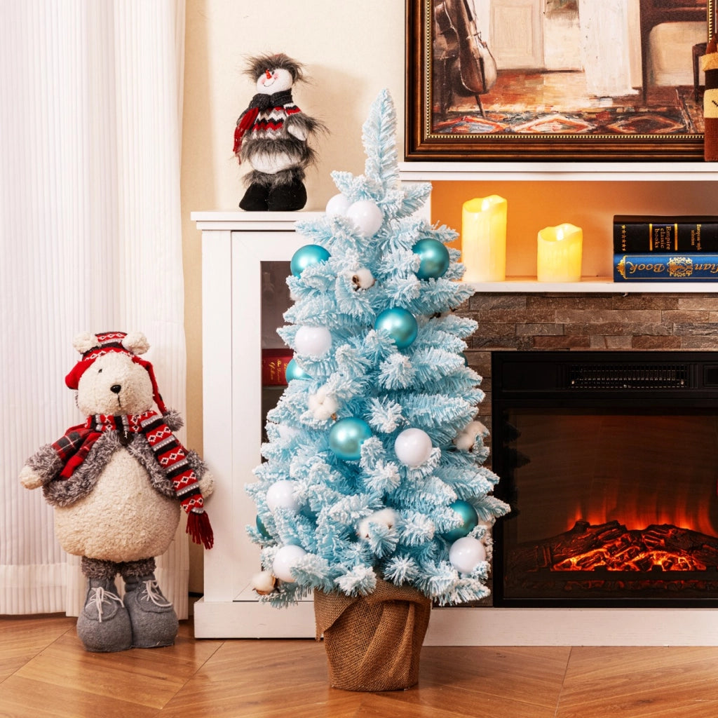 Albero di Natale artificiale mini da 90cm con 12 palline di cotone naturale, Albero da tavolo decorato Blu e bianco