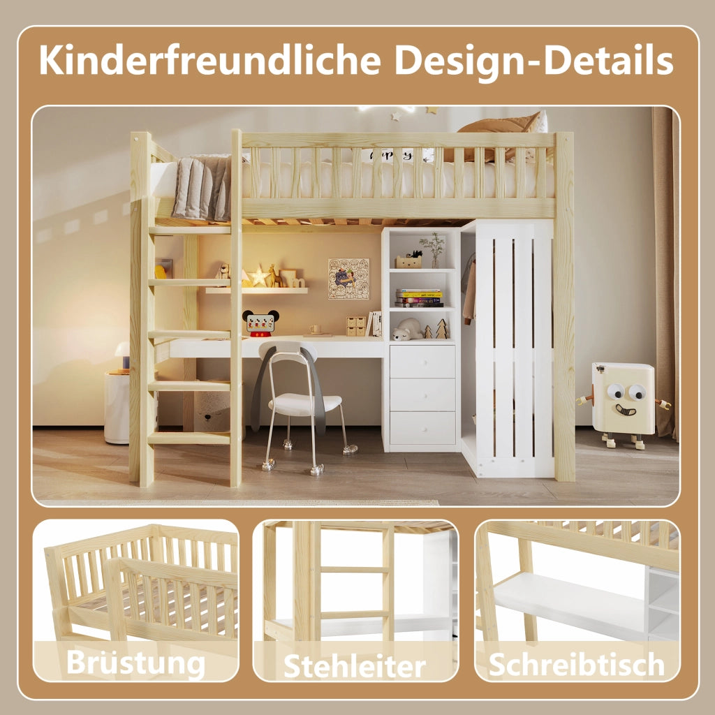 Letto a soppalco singolo 90×200 cm con scrivania; armadio; 3 cassetti e scale; senza materasso; pino; naturale