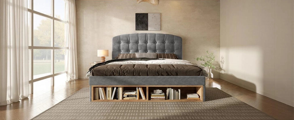DESMIU Letto imbottito 140 × 190 cm 2 posti con testiera regolabile, vani e cassetti, senza materasso, in velluto grigio