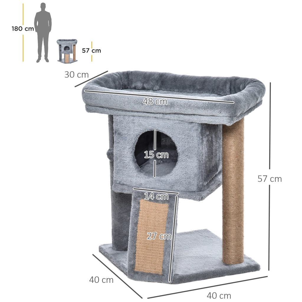 Albero Tiragraffi con Lettino e Casetta in Peluche 40x40x57 cm Tiragraffi in Juta Grigio