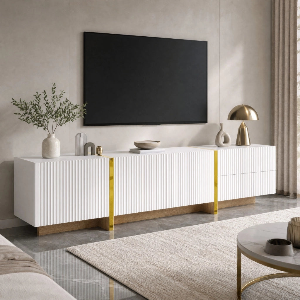 MOBILE TV 190x35x45 cm 3 Ante 2 Cassetti Bianco Oro Effetto legno