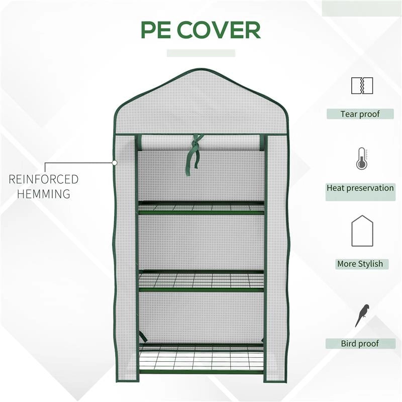 MINI SERRA DA GIARDINO CON COPERTURA IN PE, 3 RIPIANI E PORTA AVVOLGIBILE, 59X39X127CM, BIANCO