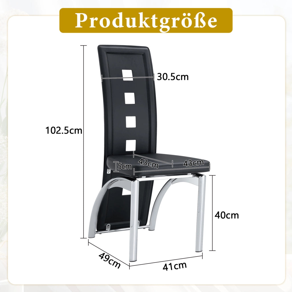 [Set di 2] Sedie da pranzo di design europeo con motivo traforato, in similpelle nera e gambe in metallo color argento, altezza 102,5 cm, ideali per s