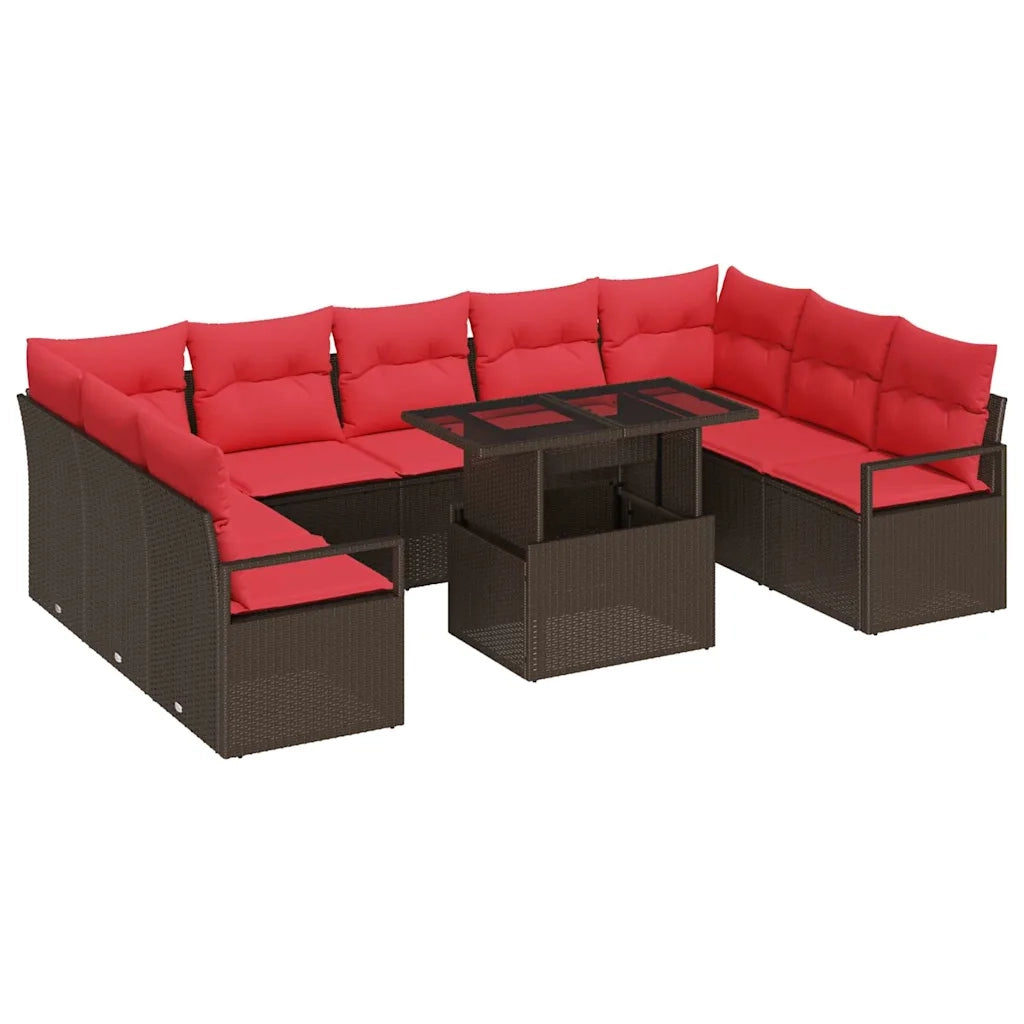 Set Divano da Giardino 10 pcs Marrone e Rosso Poly Rattan 3348890