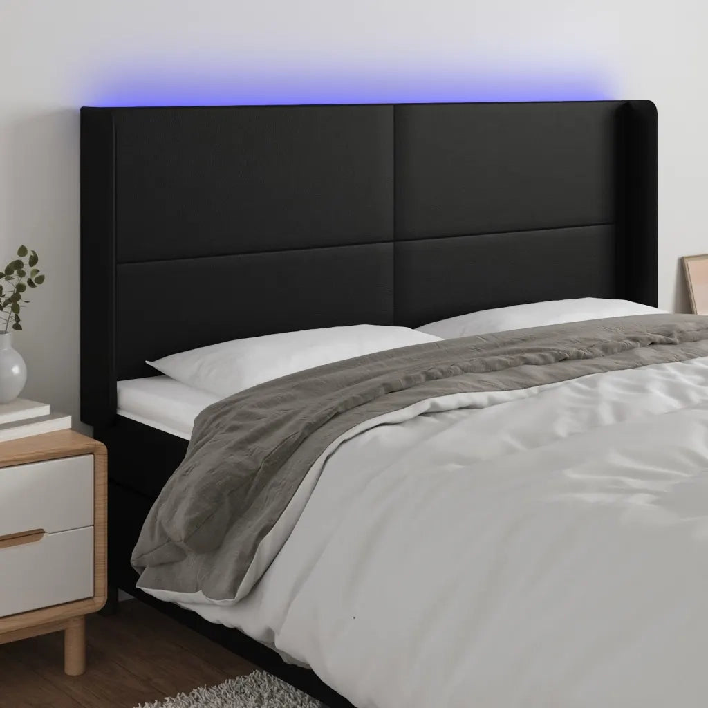 Testiera | Testata a LED Nera 163x16x118/128 cm in Similpelle