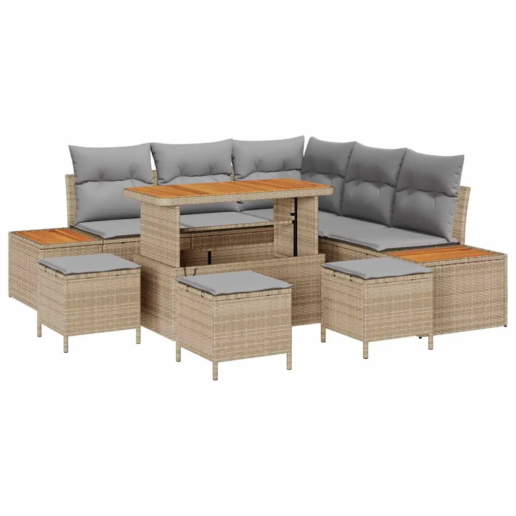 Set Divano da Giardino con cuscino 9 pcs Beige Poly Rattan