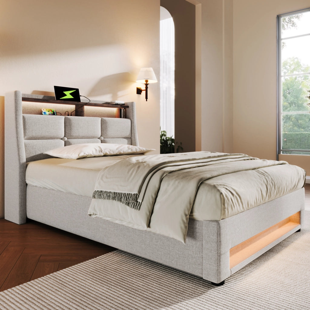 letto imbottito lino beige 90 x 200 cm