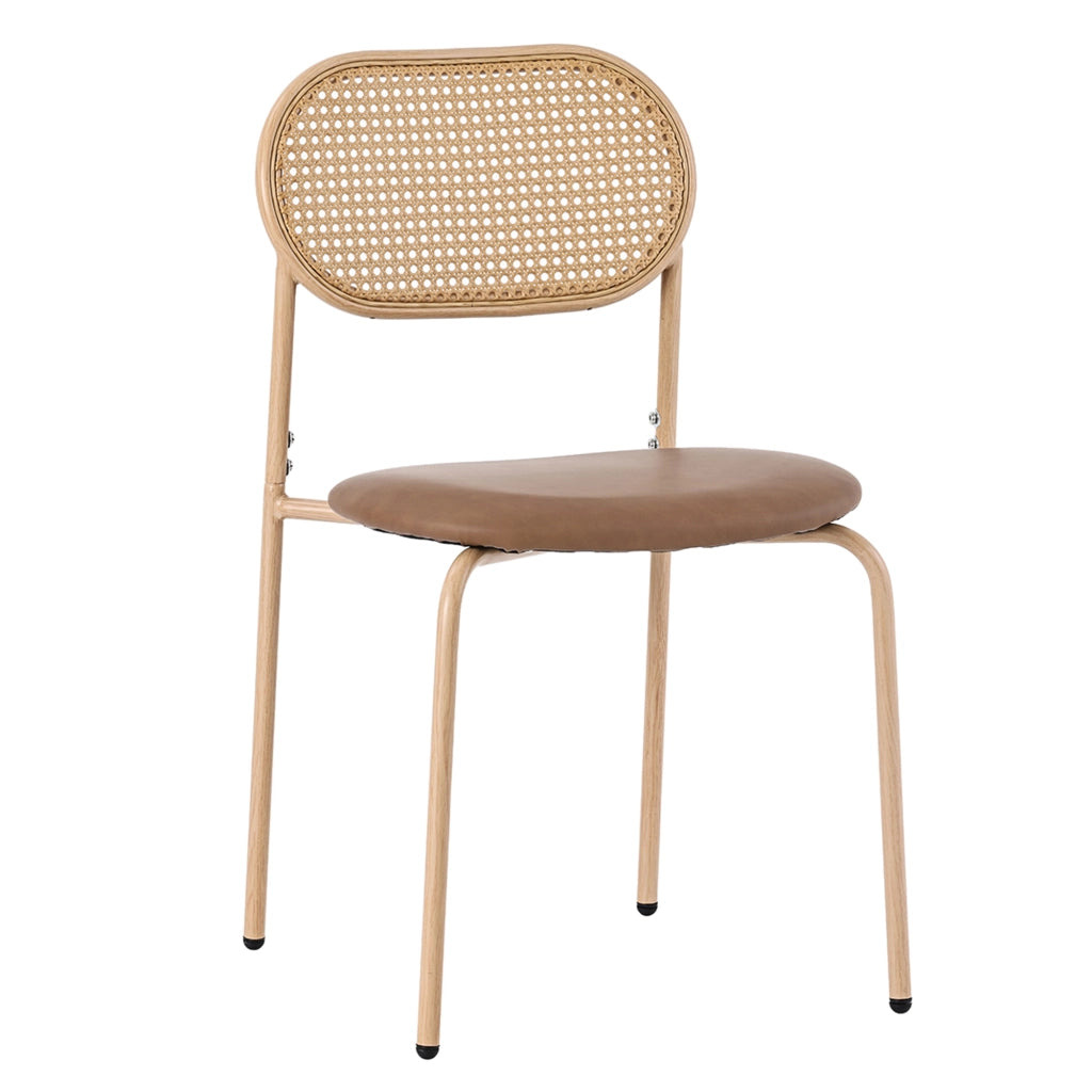 Sedia da pranzo Set da 4 con schienale ovale in rattan naturale, gambe in metallo, PU Marrone