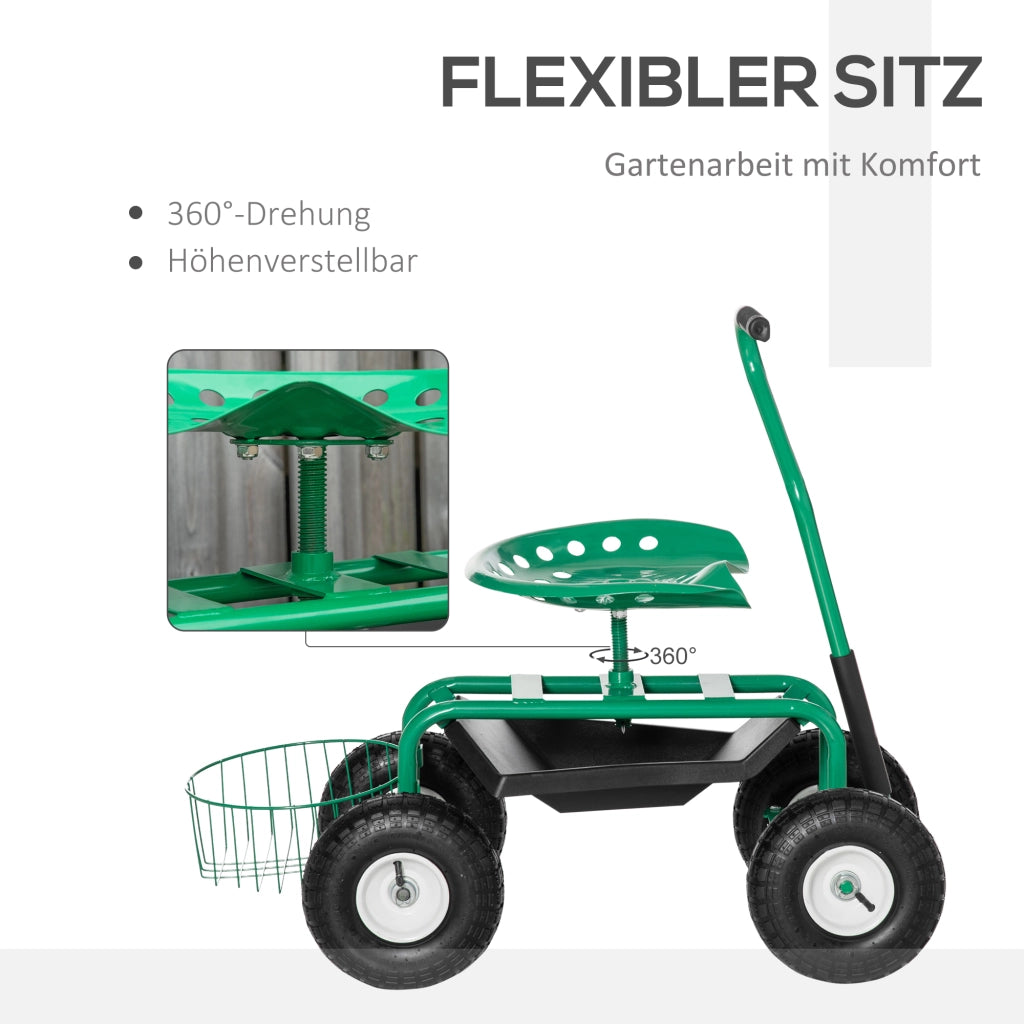 Carrello da giardino, carrello da officina, sedile da giardino girevole, cestino portaoggetti, altezza regolabile, portata 150 kg, verde, 81 x 44,5 x