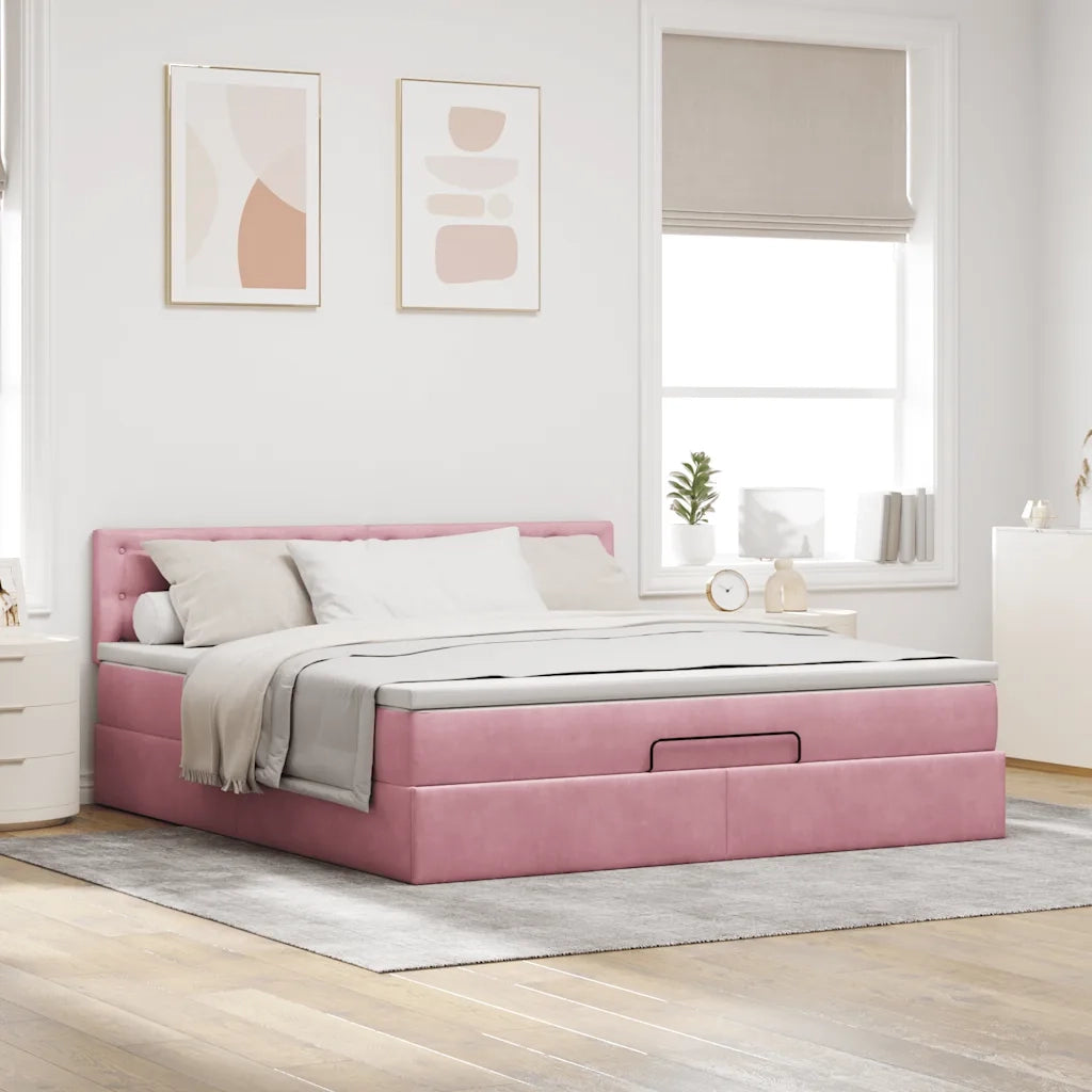 Struttura Letto Pouf con Materasso Rosa 160x200 cm in Velluto 3312781