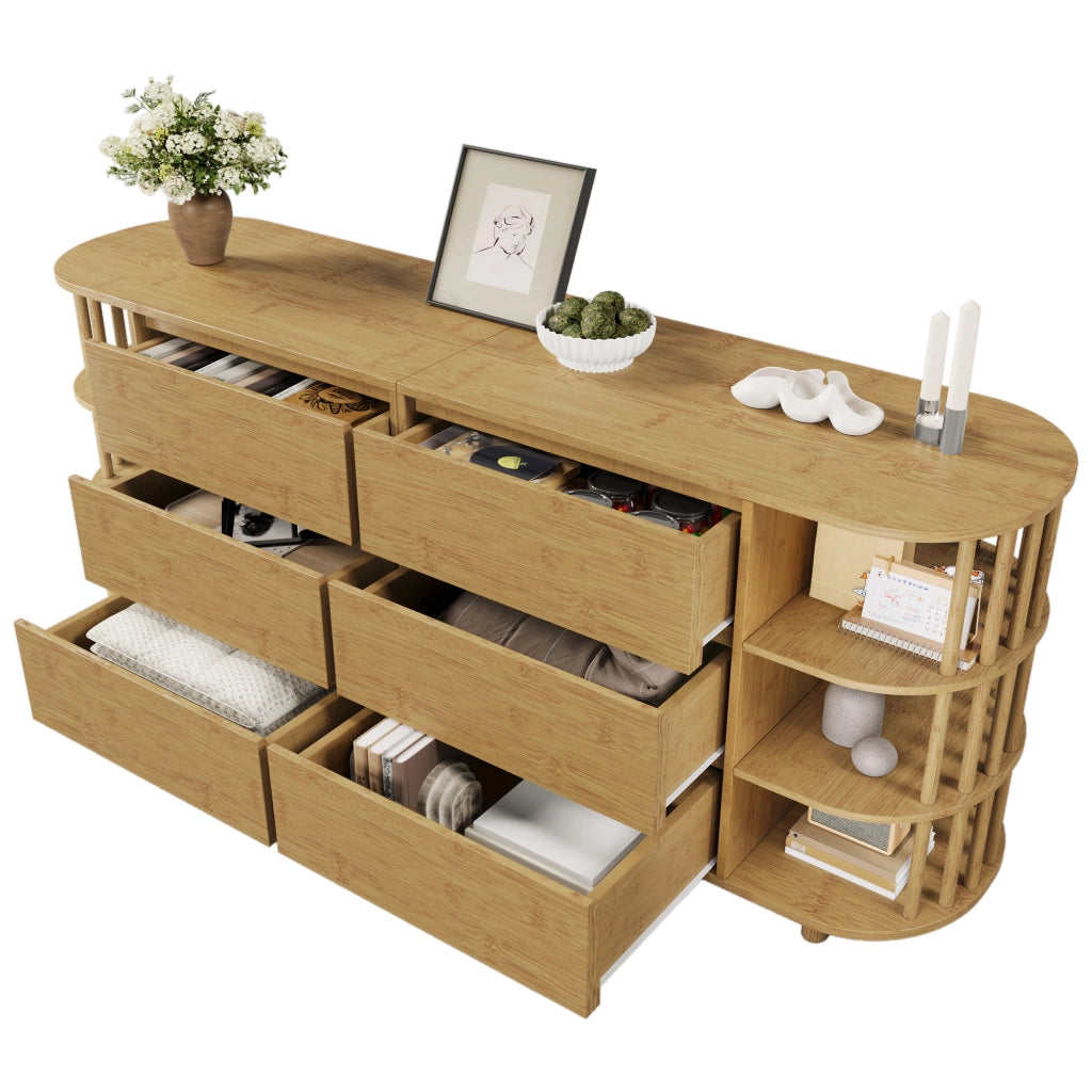 Credenza con 6 Cassetti e Ripiani Aperti Piedini Regolabili per Soggiorno in MDF e Bambù 160 x 40 x 75 cm Rovere