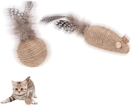 Giocattoli per Gatti - 2pz di Palline per Gatti con Piuma e Topo per Gatti