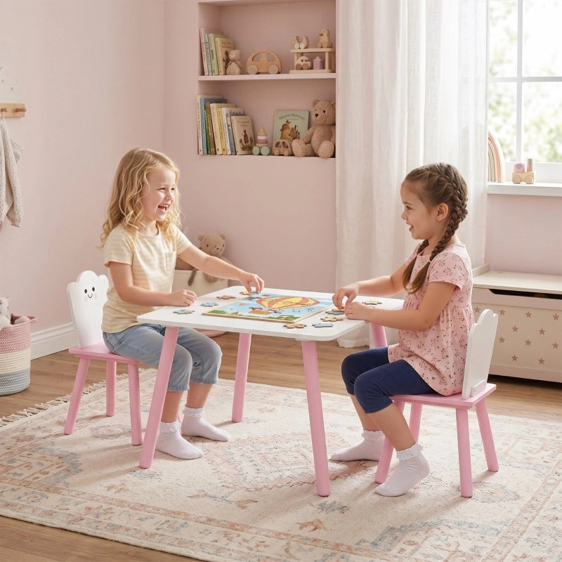 Set tavolo e sedie per bambini, 3 pezzi, 1 tavolo, 2 sedie, rosa e bianco