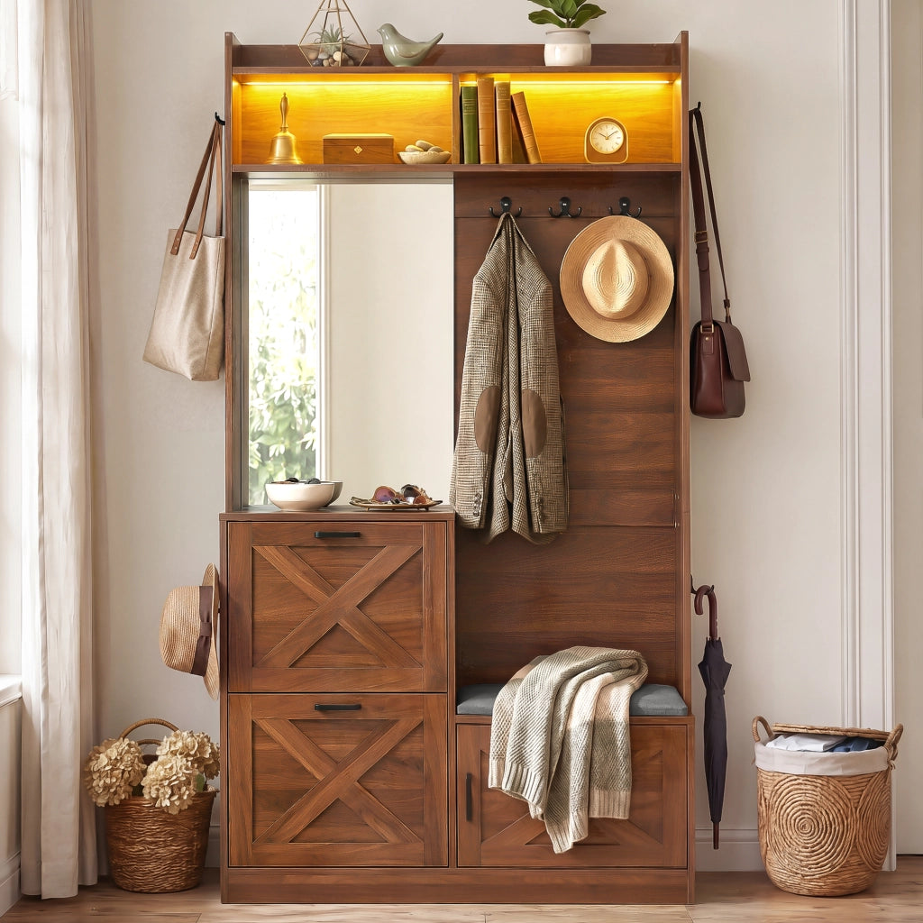 Mobili da ingresso con specchio; 2 vani ribaltabili per scarpe; LED regolabile via app; panca; noce; 100 × 25 × 180 cm