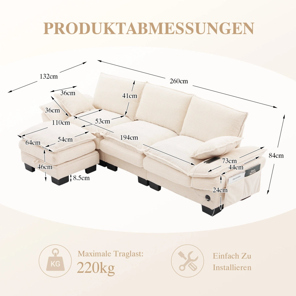 Divano modulare a 3 posti in corduroy con 1 pouf, USB-C, tasche laterali, beige