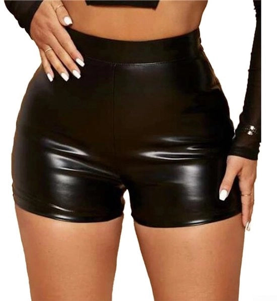 Shorts da donna con alta vita in pelle sintetica - miniatura corta - misure S-2XL