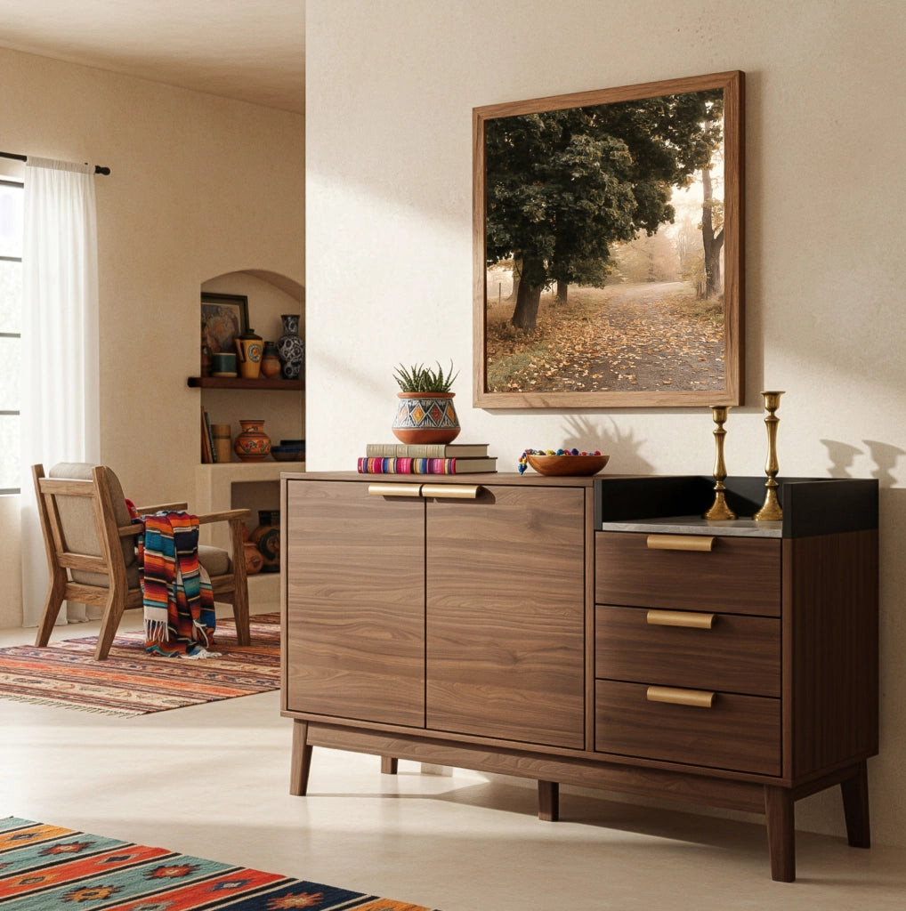 Credenza 120x40x77 cm con 3 cassetti e armadietto a 2 ante; ripiano regolabile in legno e metallo rovere scuro