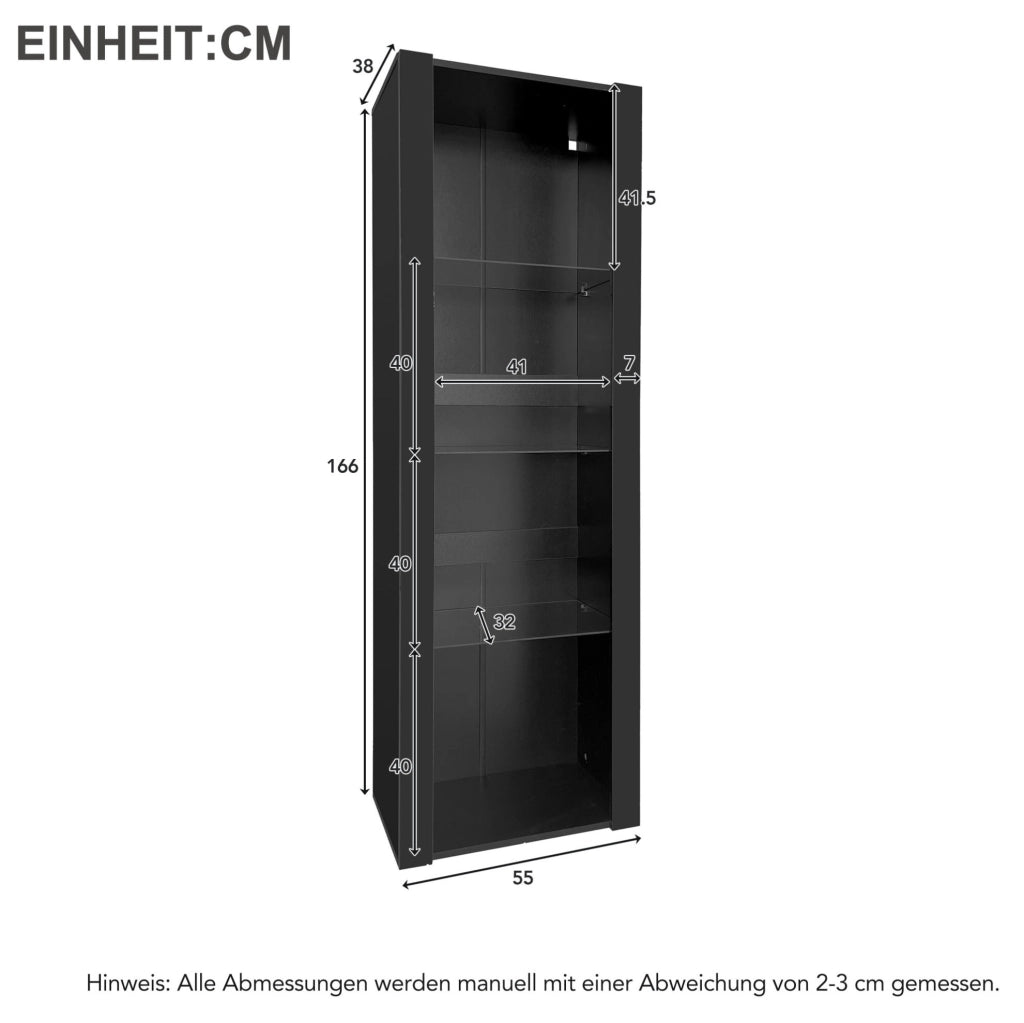 Vetrina 55x38x166 cm con illuminazione LED e 3 ripiani in vetro in pannello truciolare nero