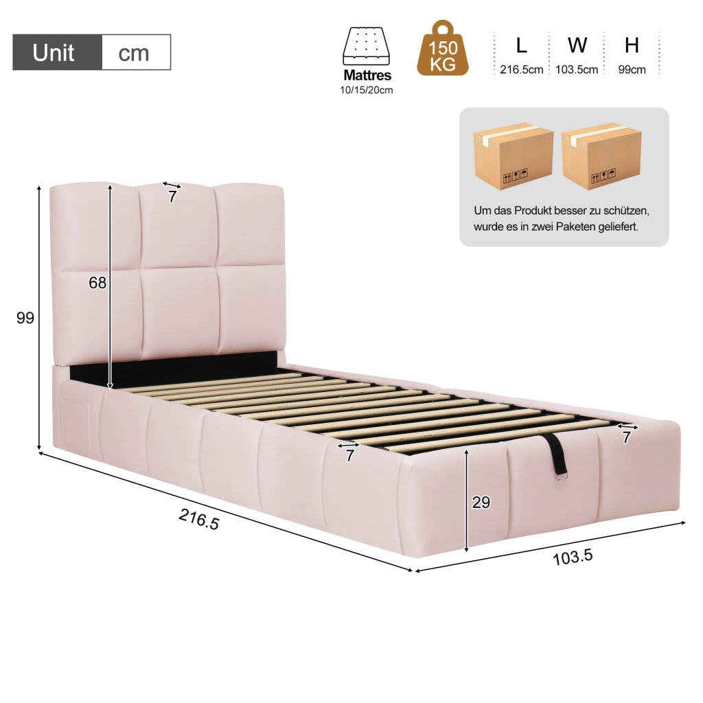DESMIU Letto bambino 90 × 200 cm 1 posto con vano contenitore idraulico e USB, senza materasso, in velluto, rosa