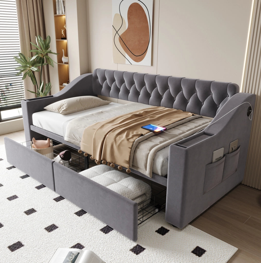 Divano letto imbottito 90x190 cm in velluto grigio con contenitore; USB e USB-C