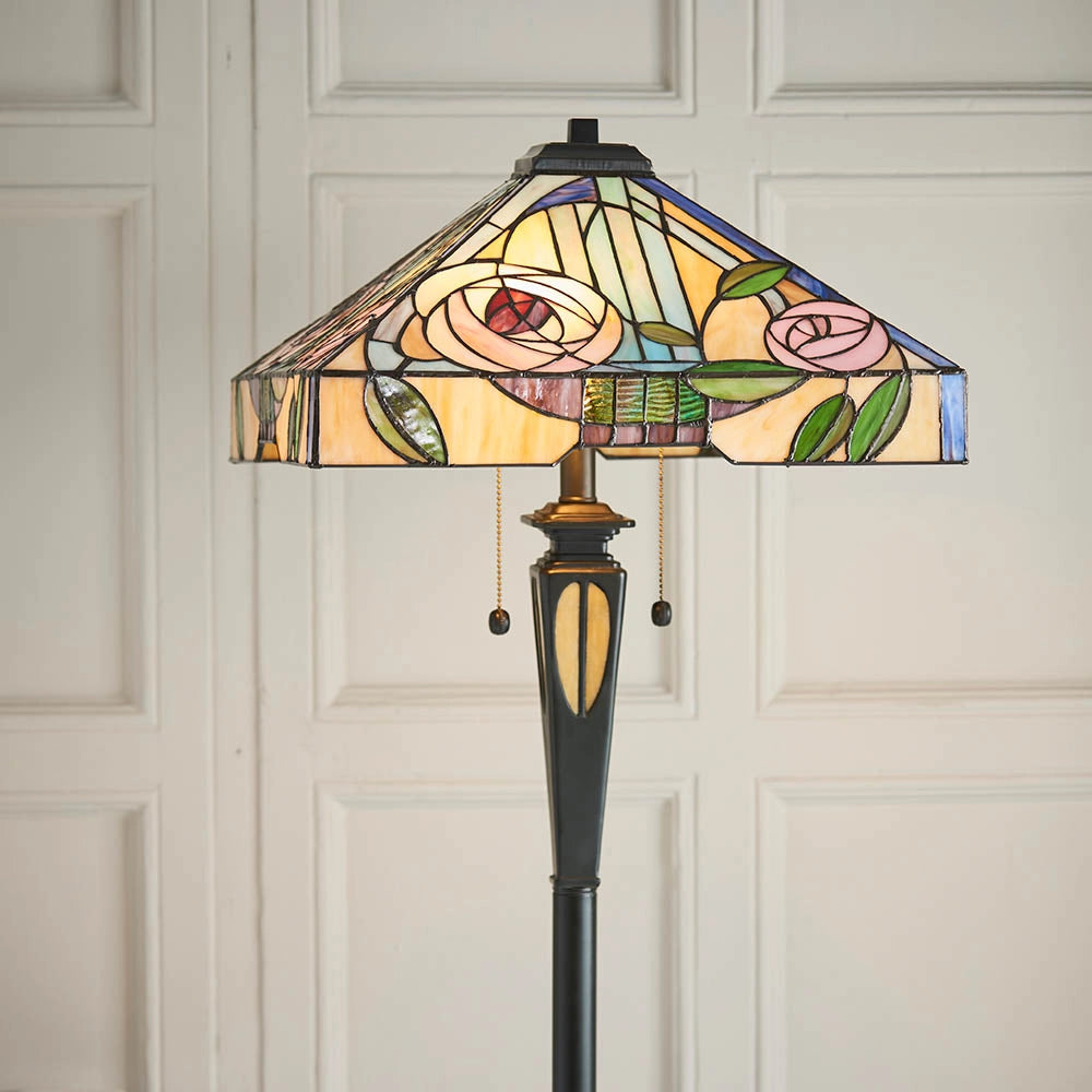Lampada da terra Tiffany WILLOW paralume quadrato rose 2xE27