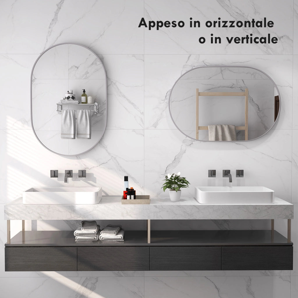 Specchio Bagno Ovale da Parete con Cornice in Alluminio, Verticale o Orizzontale, 60x90 cm, Argento