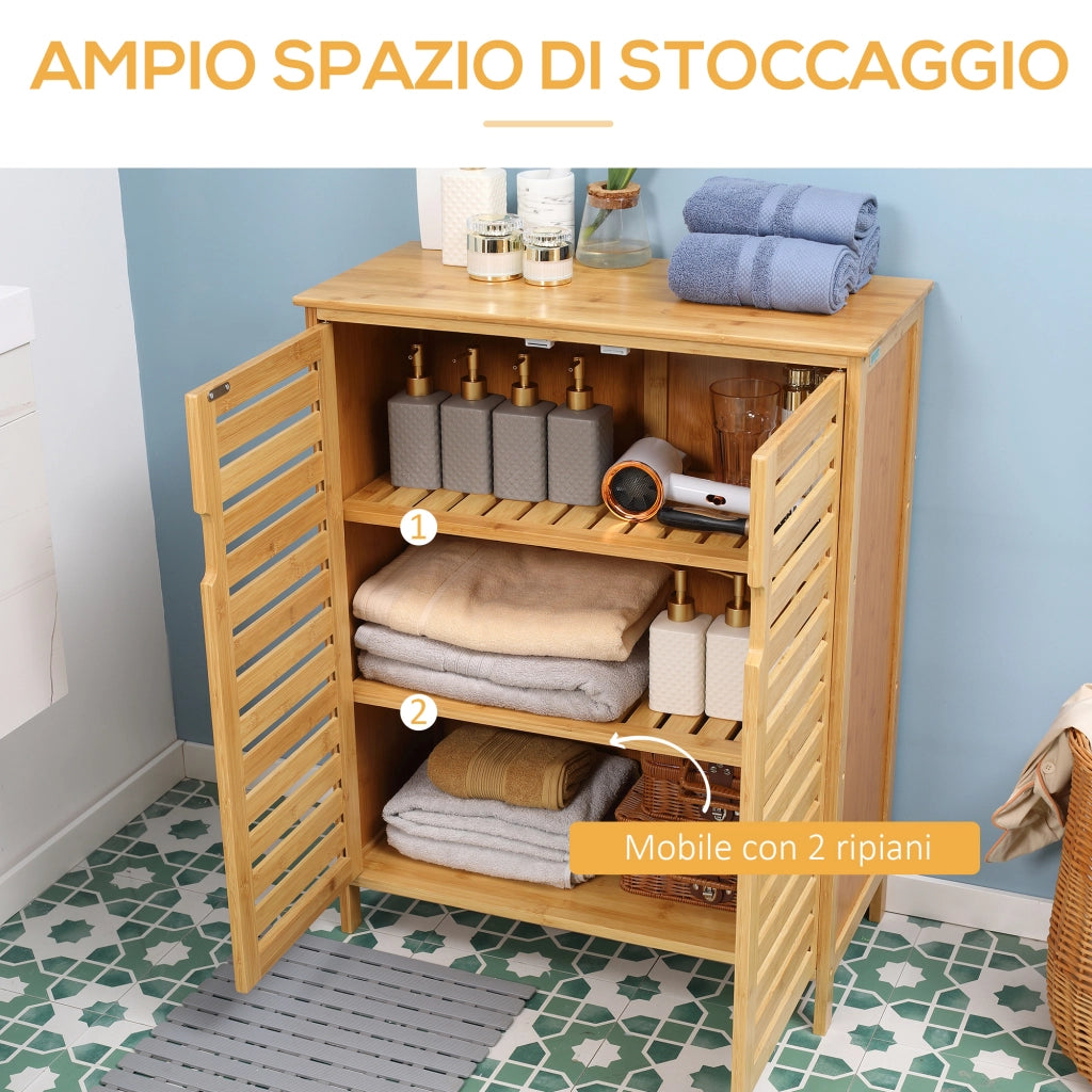 Mobile Bagno Moderno a 2 Ante con 2 Ripiani Ventilati in Bamb¨´, 68x32x86 cm, color Legno