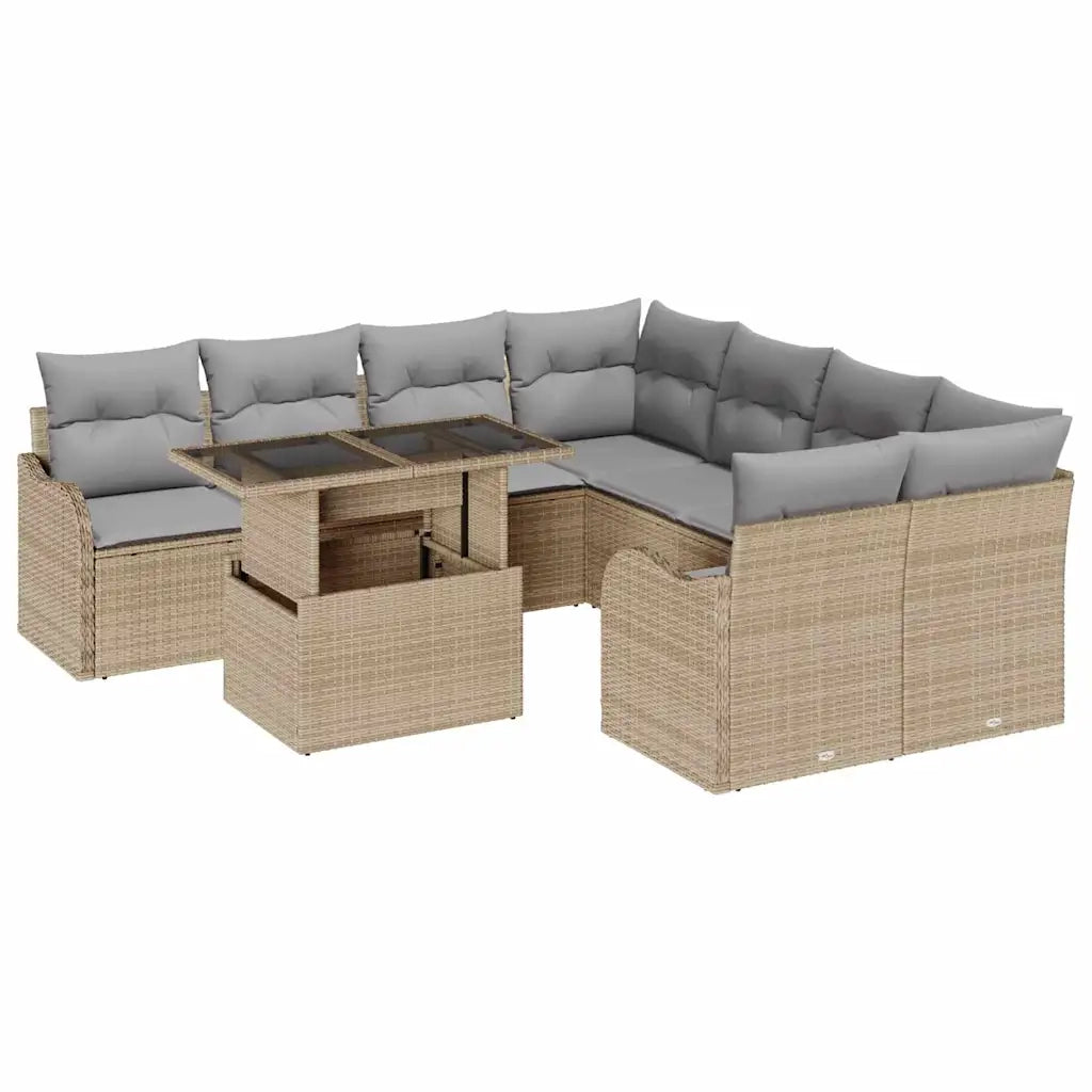 Set Divano da Giardino con cuscino 9 pcs Beige Poly Rattan