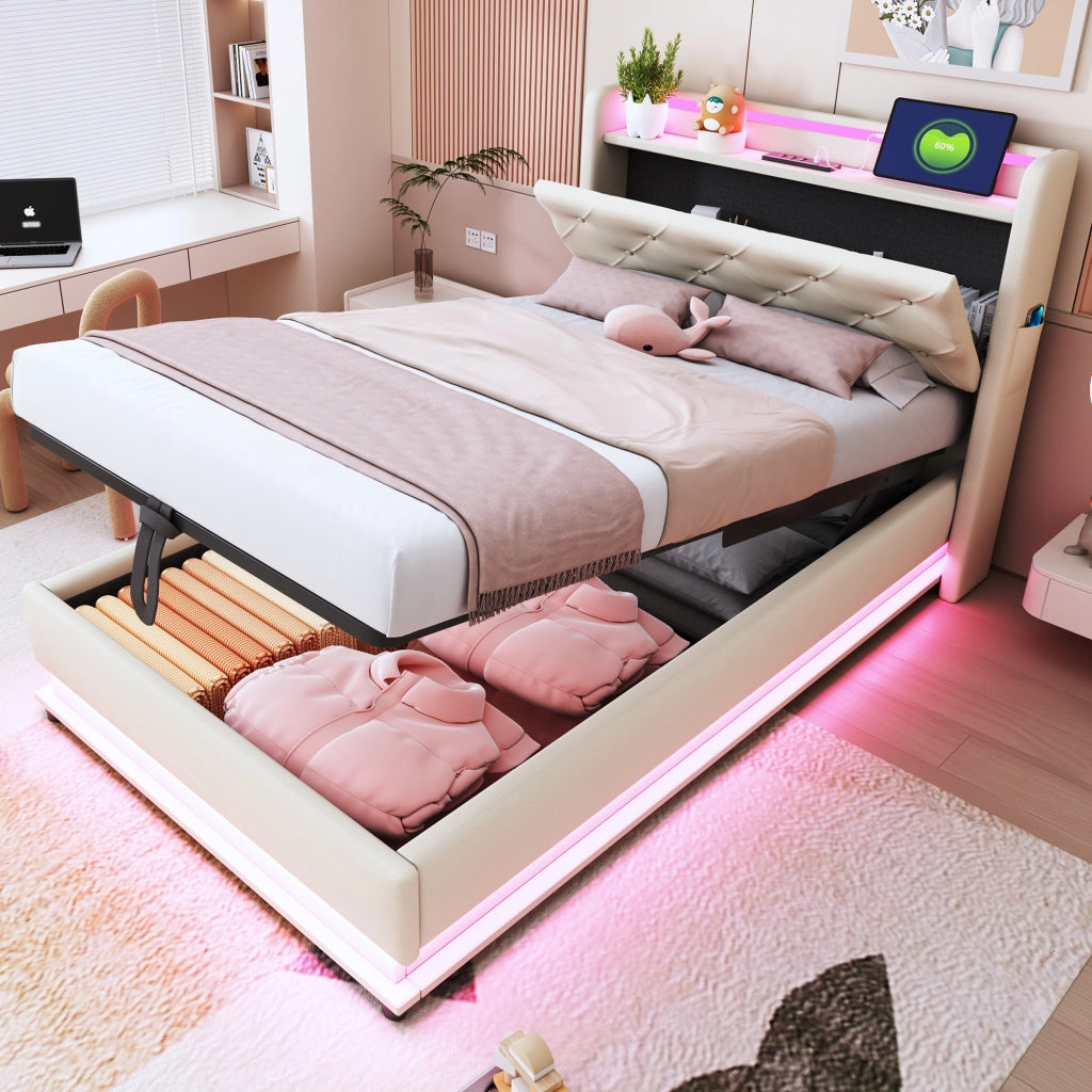 LETTO Imbottito 90x200 cm Beige con LED, USB e contenitore idraulico