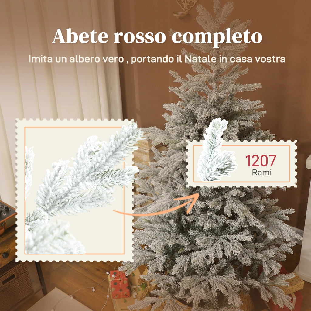 Albero di Natale Innevato Alto 180 cm con 1207 Rami Realistici e Base in Metallo Pieghevole Verde e Bianco