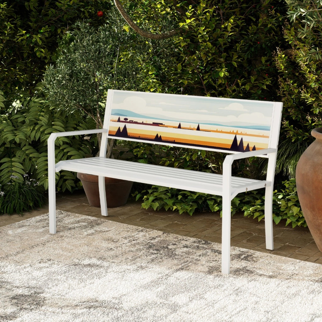 Pancha da giardino sedile a doghe, Panchina per esterno in metallo a 2 posti con schienale decorativo Bianco