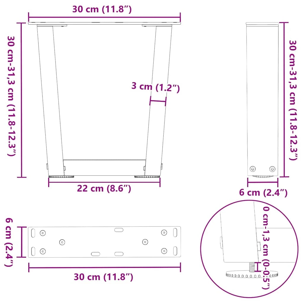 Set di 2 gambe per tavolino a V con piedini regolabili 30 x 30 cm acciaio antracite 02_0056890