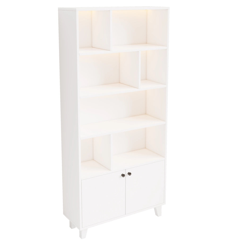 Libreria 80x30x173 cm con LED controllata tramite app e ante doppie in MDF e legno bianco