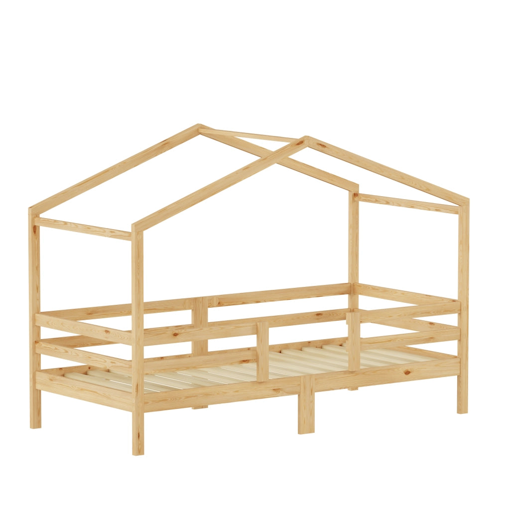 Letto a casetta per bambini 90x200 cm in legno massello di pino, per maschietti e femminucce, con tetto a forma di casetta, protezione anticaduta su t